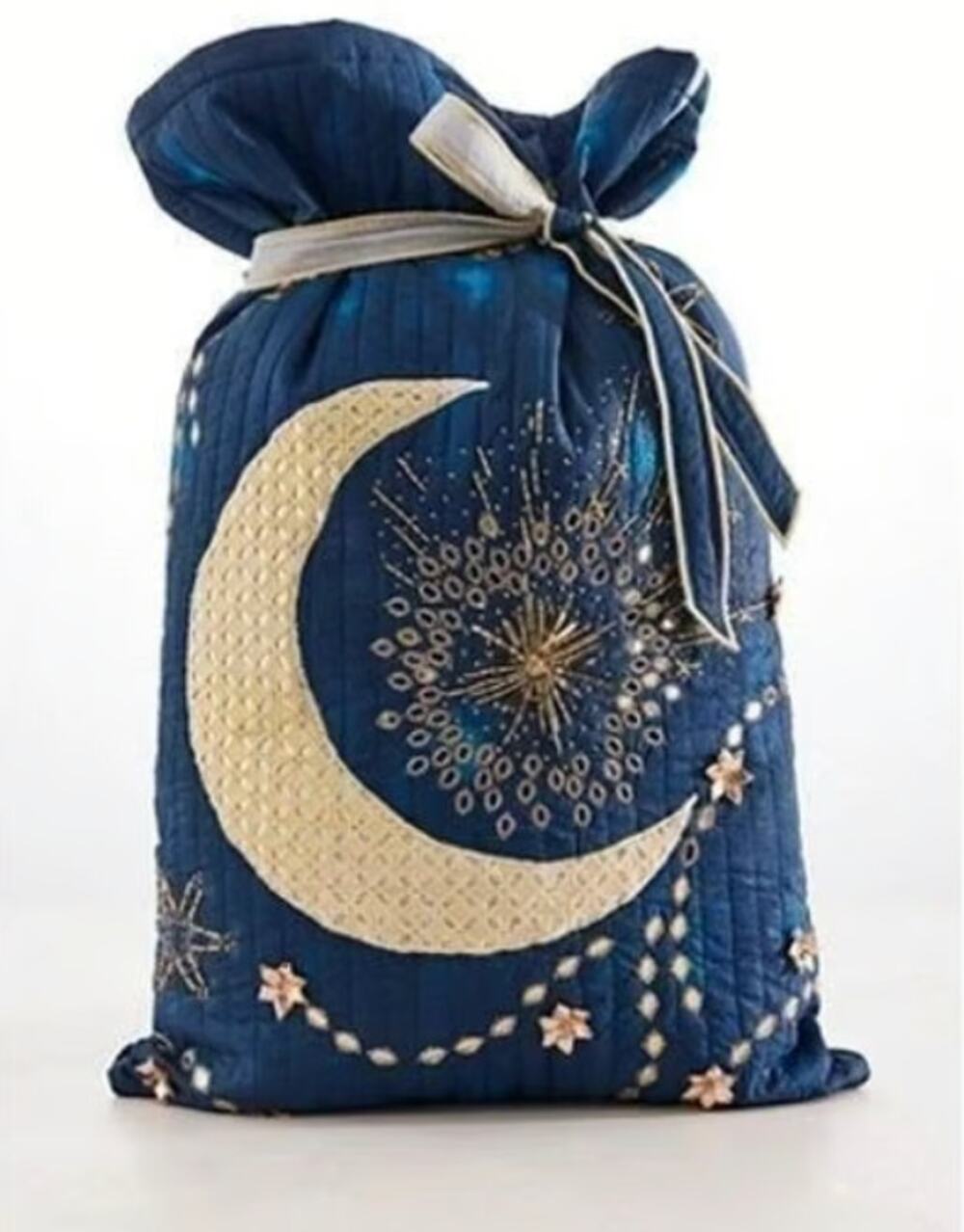 NEW Free People One Perfect Present Gift Sack Blue Crescent Embroidered